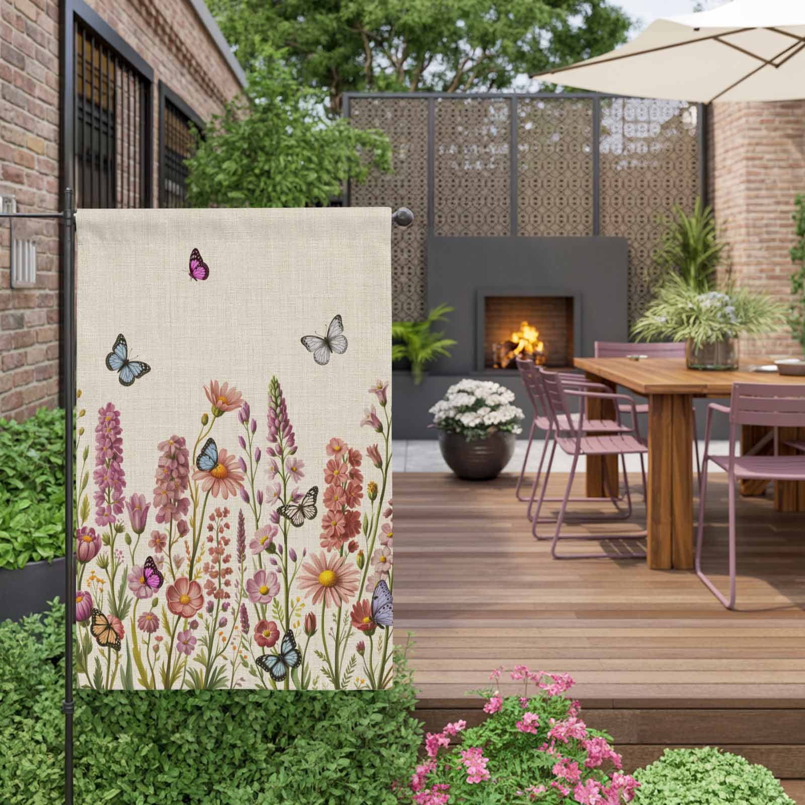 Beige Floral House Flag 28 x 40 Inches, Spring Lavender Wildflowers Blue Butterfly Botanical Linen Texture Weather Proof Outdoor Patio Flags Double Sided Small House Decor for Yard Lawn Outside Home