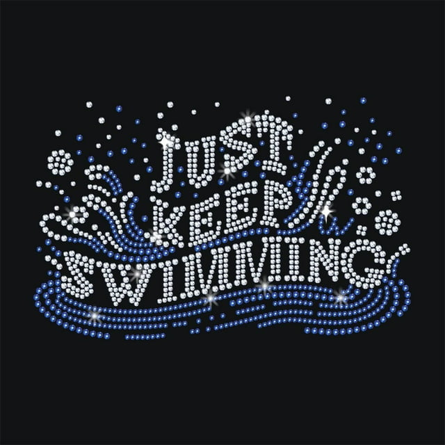 Calcomanía de transferencia de calor con diamantes de imitación "Just Keep Swimming", 11,7 x 8,3 pulgadas, calcomanías brillantes, parche de transferencia de calor, aplique para reparación de ropa