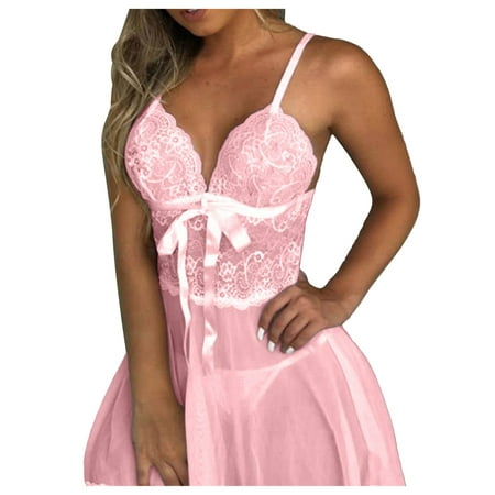 

BIZIZA Women Nightdress Plus Size Babydoll Mesh Nightgown Full Slip Sexy Lingerie V Neck Chemise Pink S