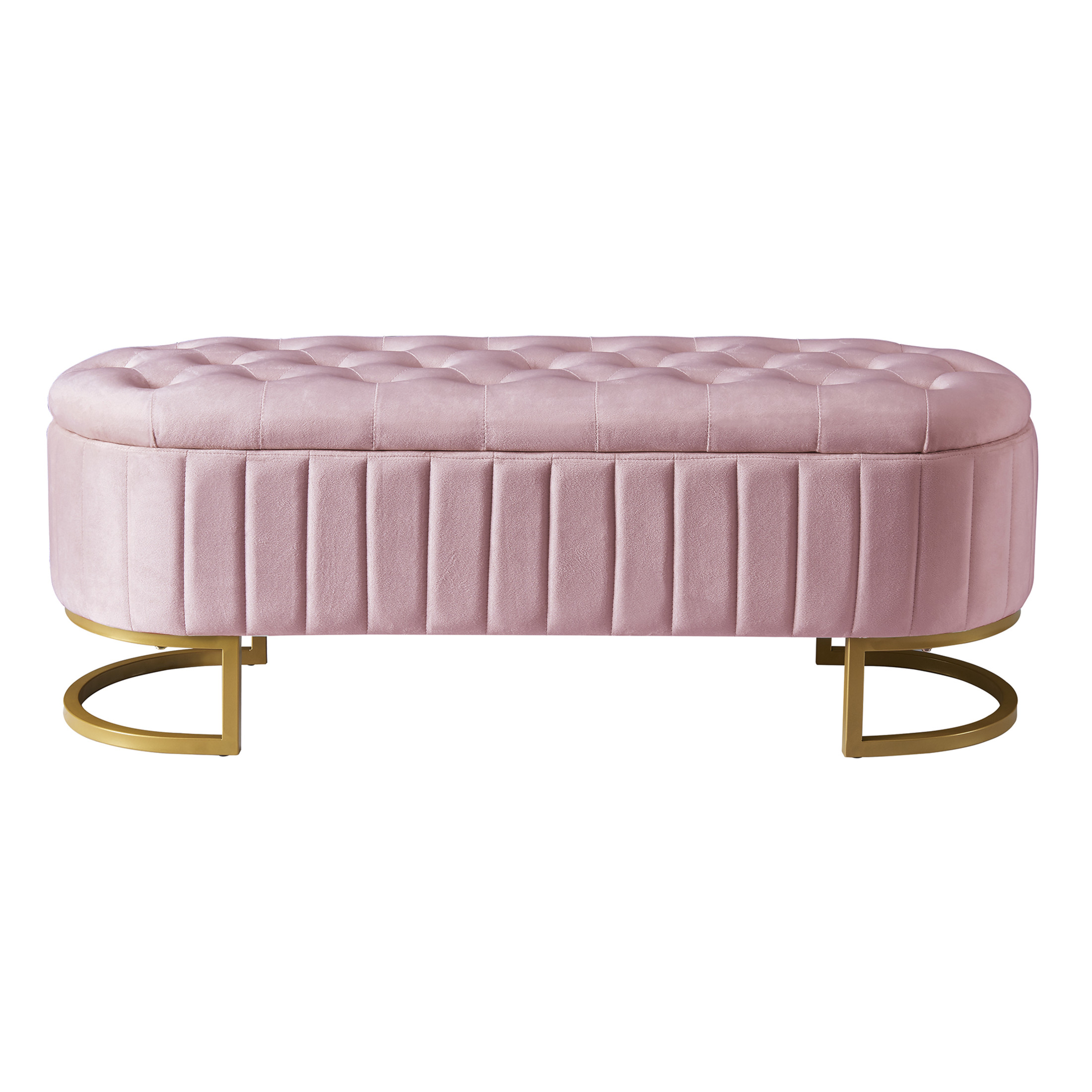 Noble House Elegant Upholstered Velvet Storage Ottoman with Button-Tufted Design, Storage Bench with Metal Legs,Pink