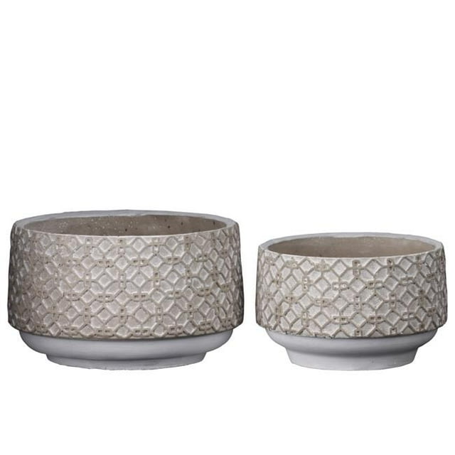 Benjara BM208755 Cement Pot with Octagonal Interlocked Pattern, Gray & Brown - Set of 2