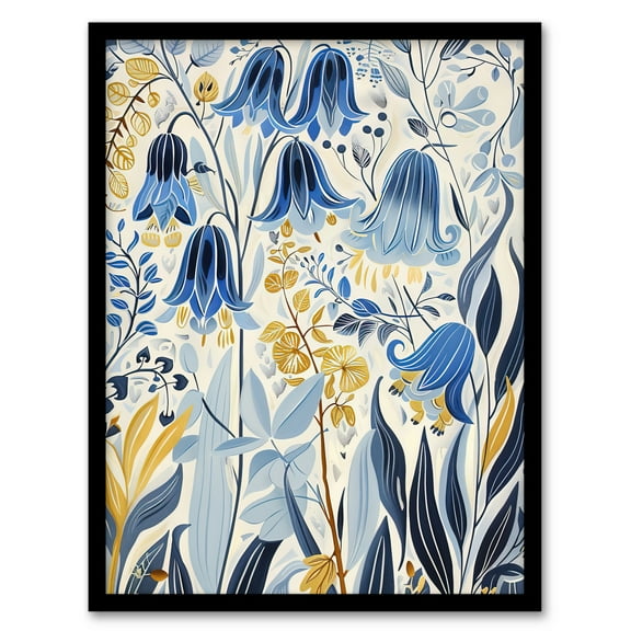 Artery8 Bluebells in Bloom Botanical Painting Ochre Blue Living Room Art Print Framed Poster Wall Decor 12x16 inch