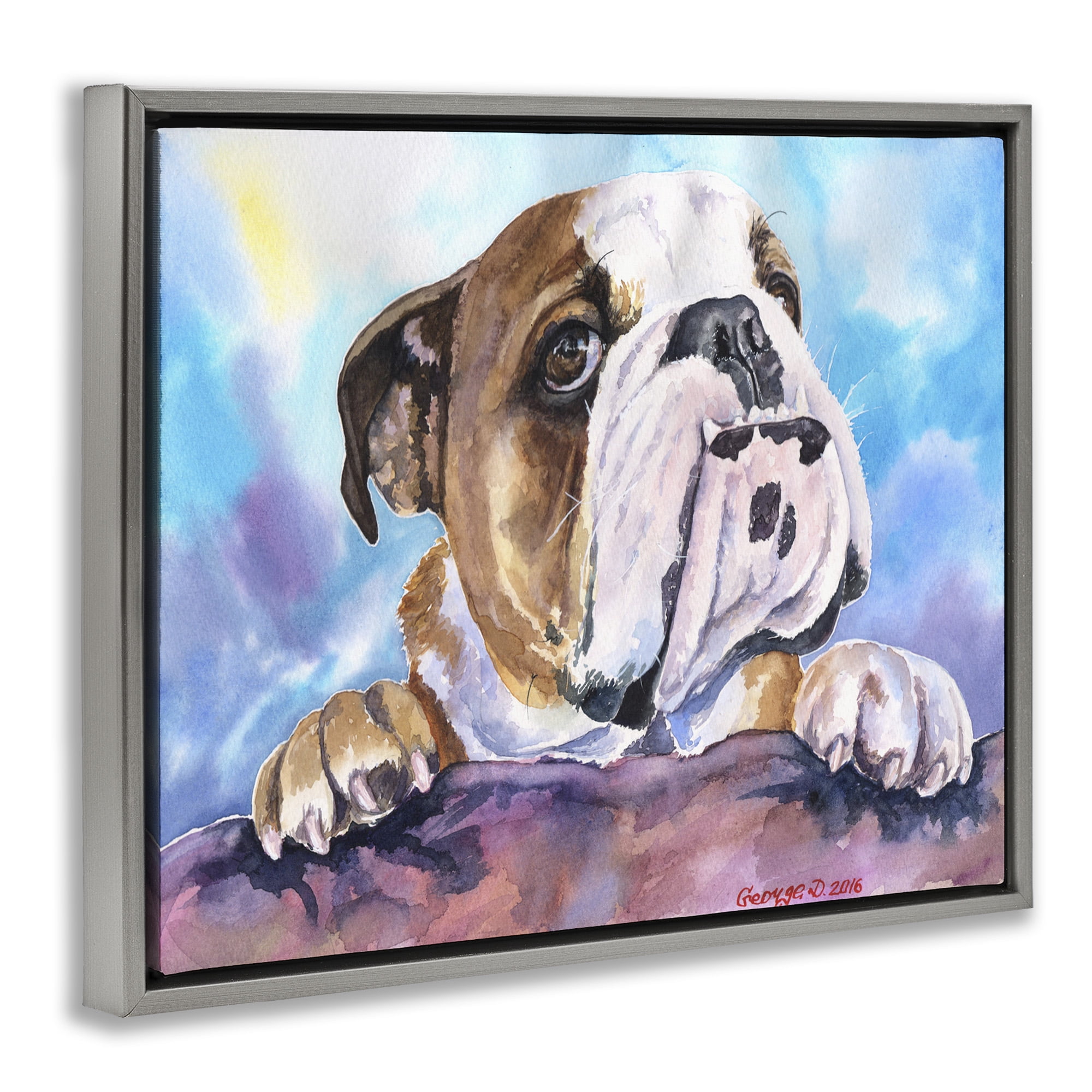 Stupell Industries English Bulldog Dog Pet Watercolor Animals & Insects Painting Gray Floater Framed Canvas Art Print Wall Art, 31 x 25