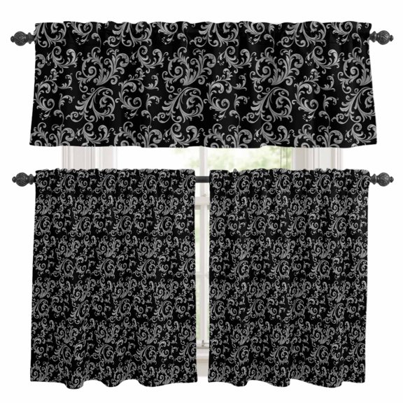 Retro Christmas Pattern Kitchen Curtains and Valances Set, Abstract Black Country Decoration 3 Piece Curtains Valances and Tiers Set Rod Pocket for Kitchen Bathroom Windows 36 Inch
