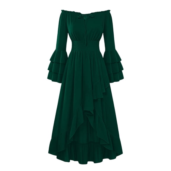 Karymi Off Shoulder Maxi Dress, Ruffle Trim Drawstring Tiered Bell Sleeve Smocked Waist Irregular Ruffle Flowy Halloween Party Gown Womens Dresses