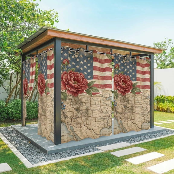 Distressed American Flag Outdoor Curtains for Patio Waterproof, Grommet Outdoor Privacy Panels, Vintage Rustic Merican Map Abstract Weatherproof Outside Curtains for Porch/Cabana 54"Wx108"L, 2 Panel