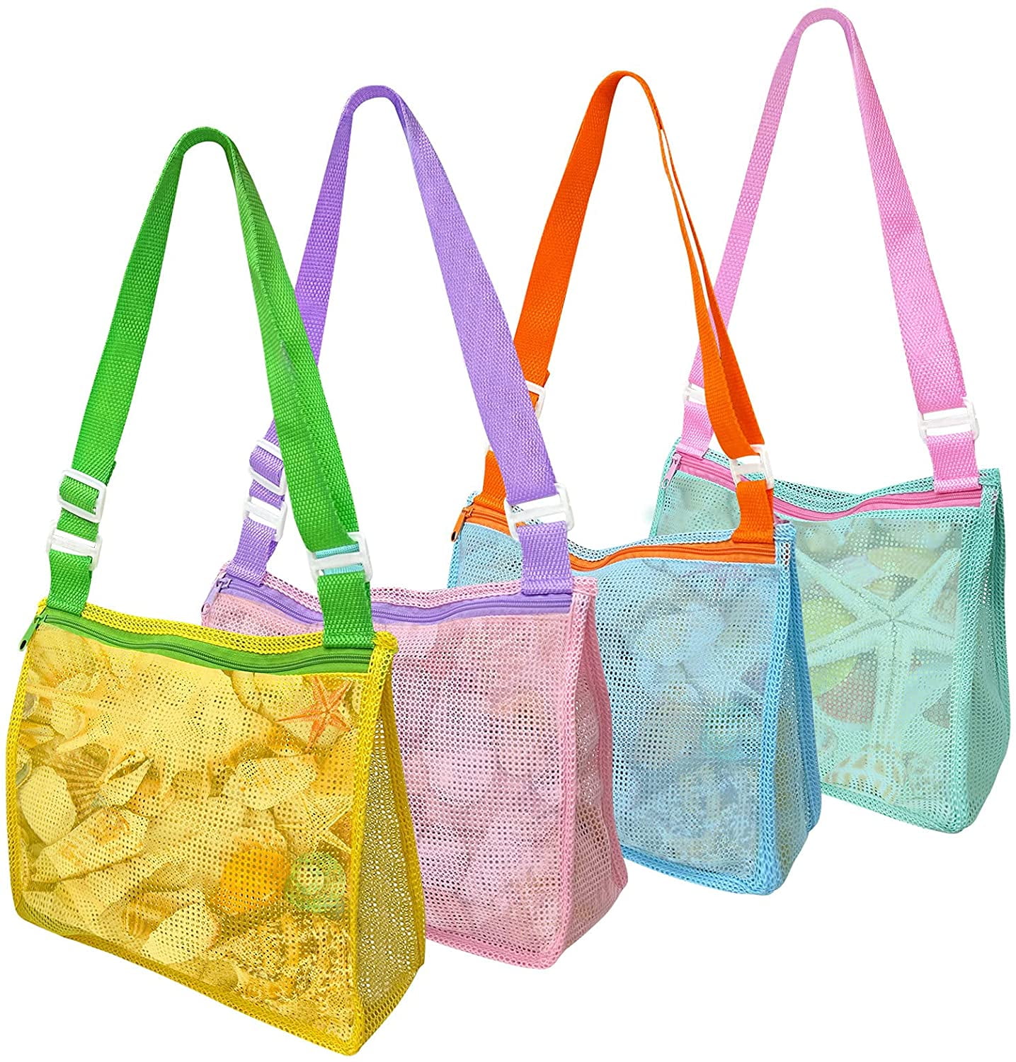 4 Pack Beach Toy Mesh Bag Kids Shell Collecting Bag Totes with Zipper