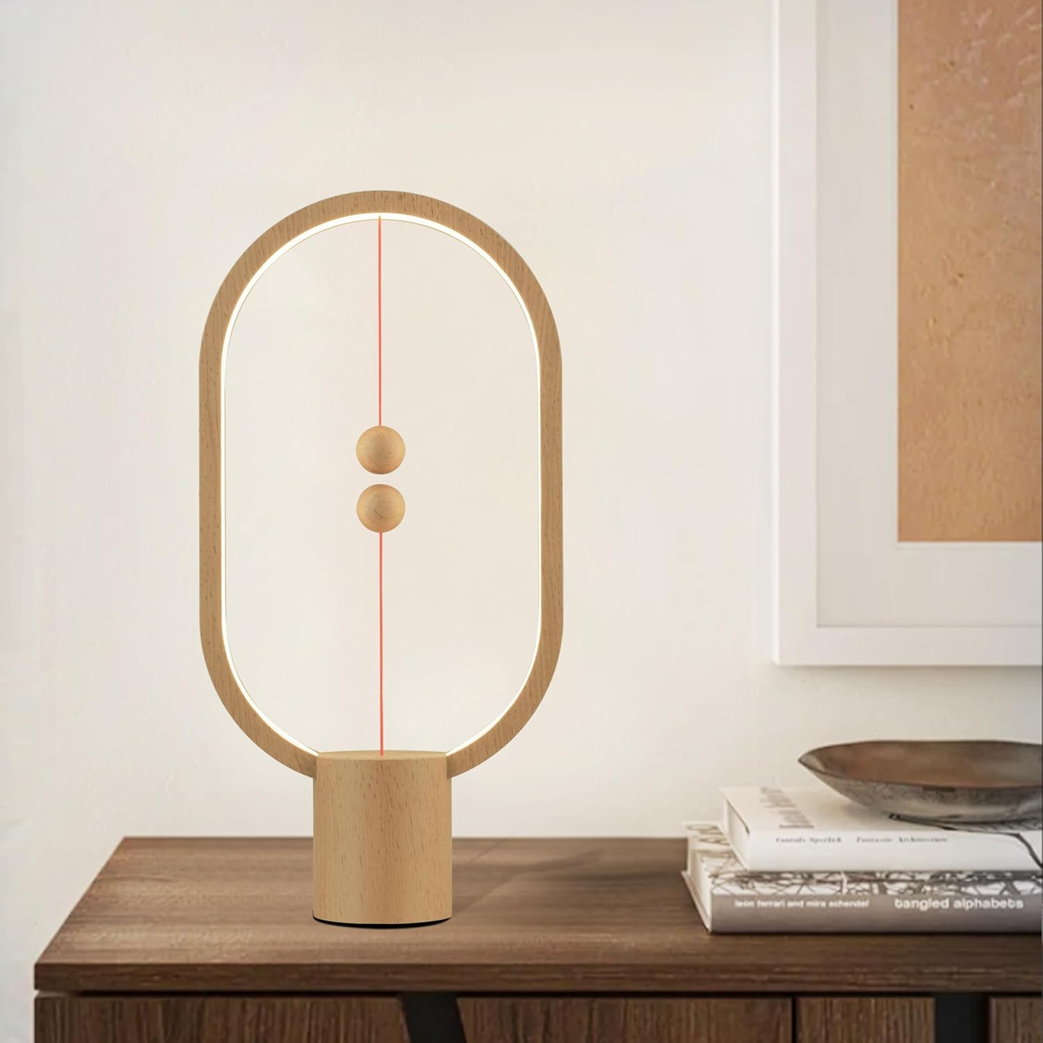 Heng Balance Lamp Ellipse USB, Light Wood Table Lamp, Desk Light, Bedside Lamp, Switch In The Middle Air, Magnetic Spheres, Modern, Minimalist Design, Home Office Decor