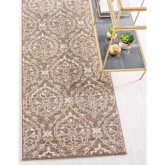 Unique Loom Damask Traditional Floral Runner Rug, 2 Feet 7 Inch x 10 Feet, Light Brown/Beige