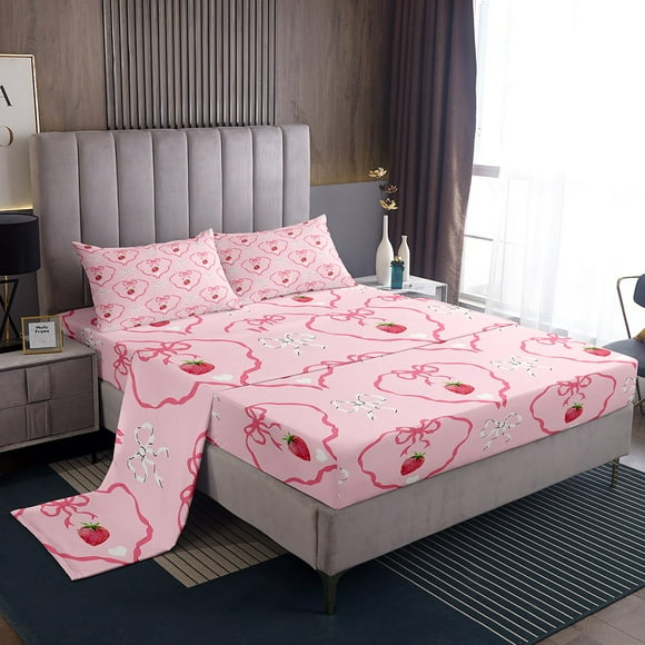 Erosebridal Kawaii Bowknot Bed Sheets Twin For Girls,Cartoon Strawberry Bedding Sets Twin Size,Love Heart Decor,Lightweight,3pcs