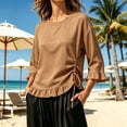 thumbnail image 5 of thefmos Women's Fall 3/4 Sleeve Ruffle Blouses Round Neck Drawstring Ruched Tops Casual Boho Pullover Shirts Solid Fashion Clothes for Vacation, Khaki S, 5 of 6