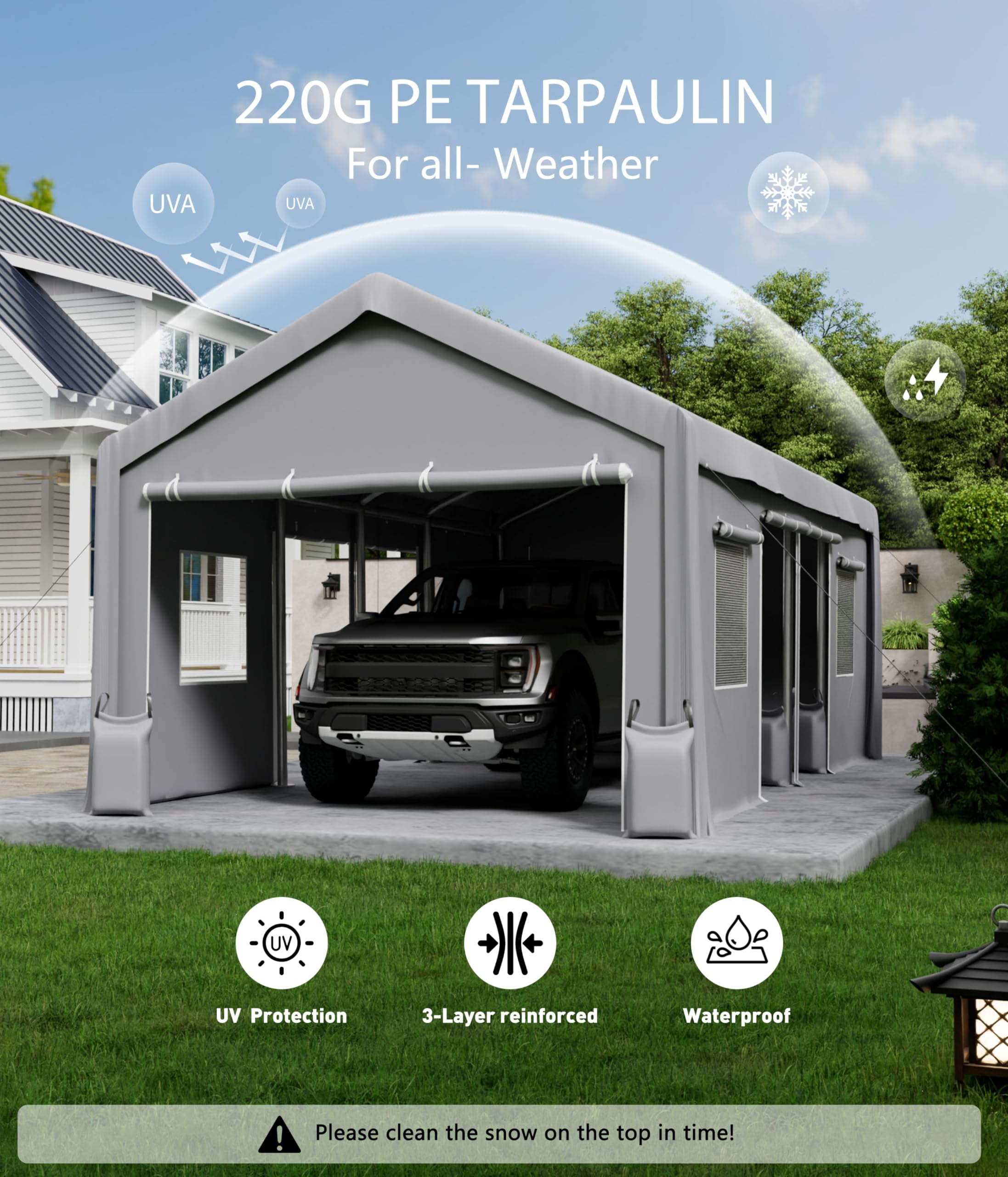 Carport Replacement Canopy Cover, Garage Tent Shelter Tarp, Heavy-Duty Waterproof & UV Protected, Easy Installation (Frame Not Included)