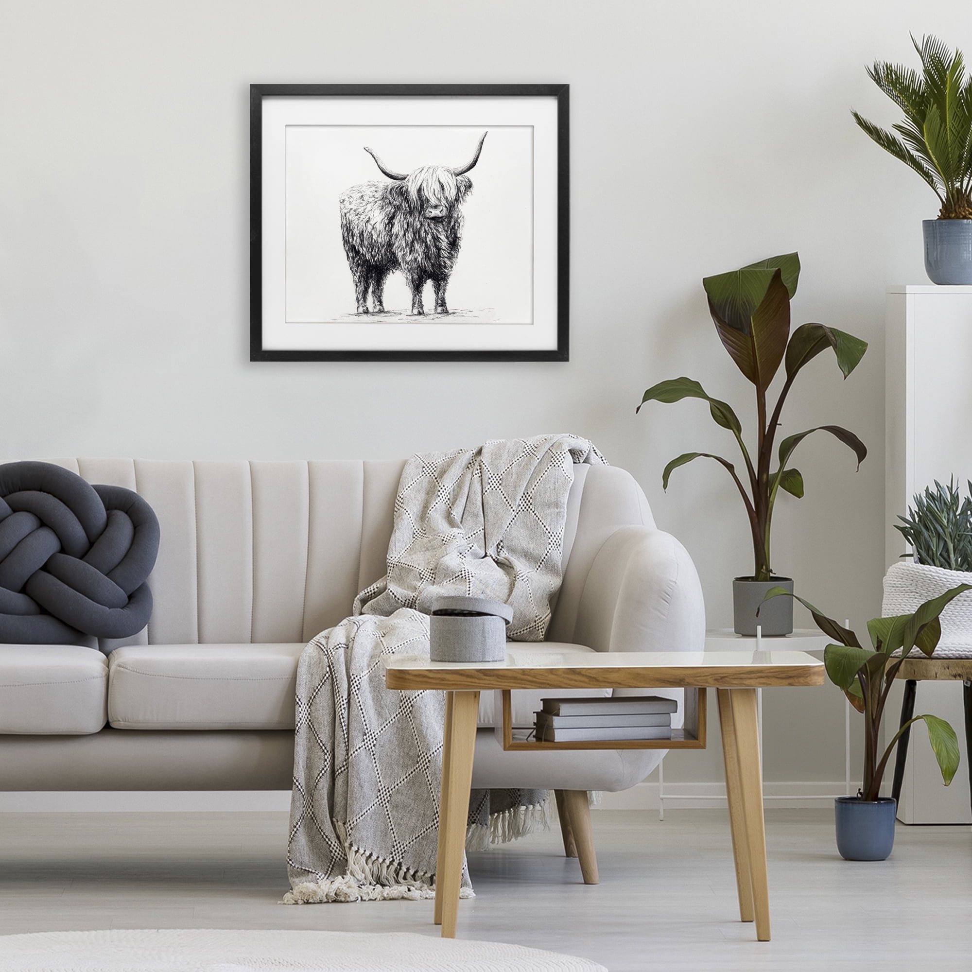 Stupell Industries Highland Cow in Charcoal Black Framed Print Under Glass, design by Leah Noel Art