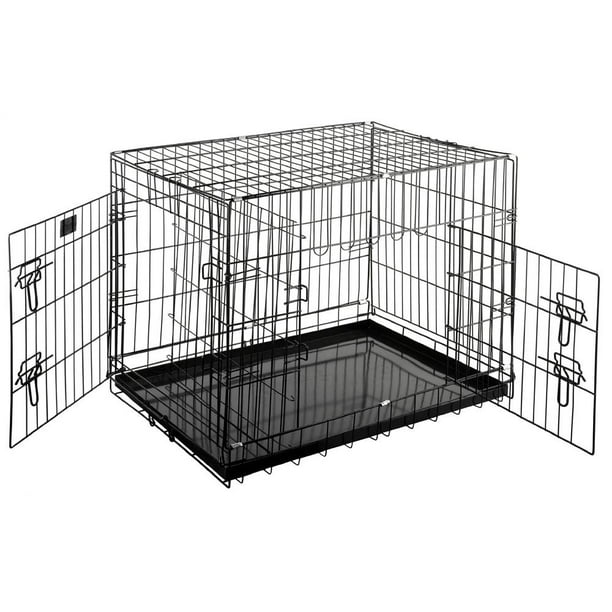 30 in. Folding Pet Crate Wire Cage with Divider in Black