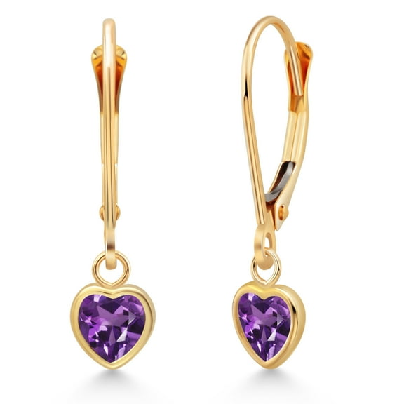 Gem Stone King 14K Yellow Gold Purple Amethyst Drop Dangle Leverback Earrings for Women (0.84 Cttw, Gemstone February Birthstone, Heart Shape 5MM)
