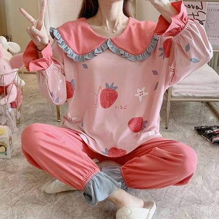 

DanceeMangoo Women Sleepwear Loose Version Pajamas Col Claudine Cotton Spring Fall Pyjamas Plus Size XXL Pullover Cartoon Nighty