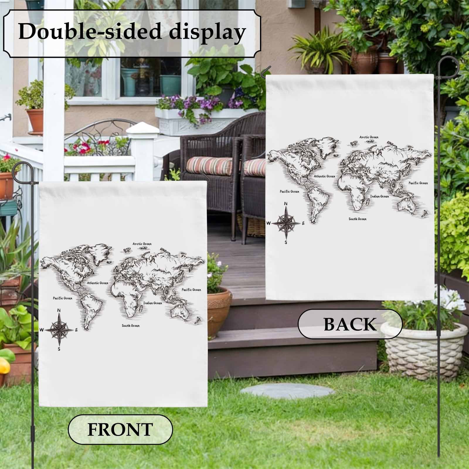 Sea Map House Flag 28 x 40 Inches, Vintage Black White Nautical Travel World Map Compass Weather Proof Outdoor Patio Flags Double Sided Small House Decoration for Yard Lawn Outside Home