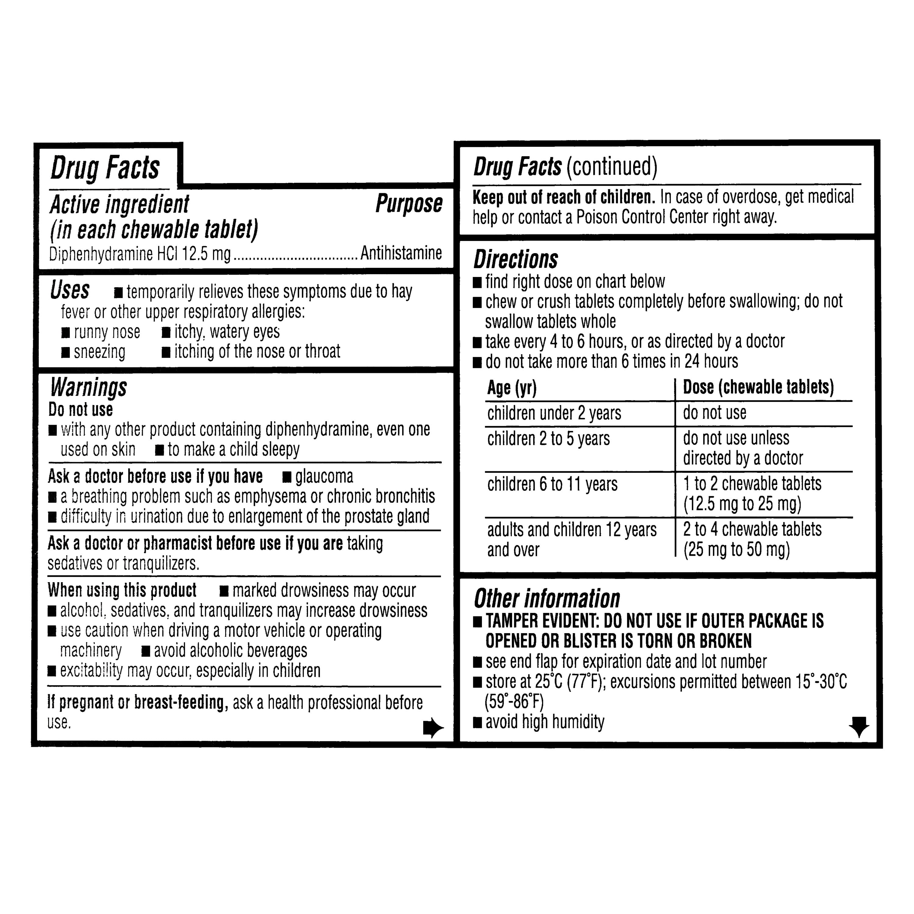 Equate Children's Allergy Relief Diphenhydramine HCl Antihistamine Chewable Tablets, Grape Flavor, 12.5 mg, 20 Count