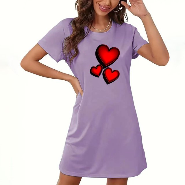 Camisón corto de San Valentín para mujer, talla grande, estampado en el pecho, cuello redondo, manga corta