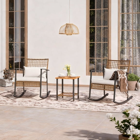 LAUSAINT HOME 3 Pieces Rocking Patio Bistro Set, Wicker Outdoor Conversation Set with Cushions and Coffee Table for Backyard, Poolside, Porch, Balcony