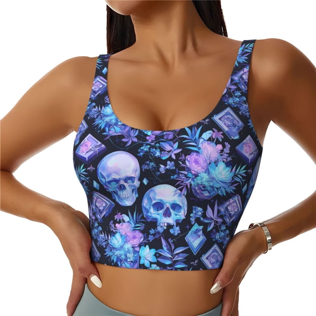 Balery Skull blue crystal flower Sujetadores deportivos con espalda cruzada para mujer, acolchados, sin costuras, de alto impacto, ideales para yoga, gimnasio, entrenamiento y fitness.-X-Large