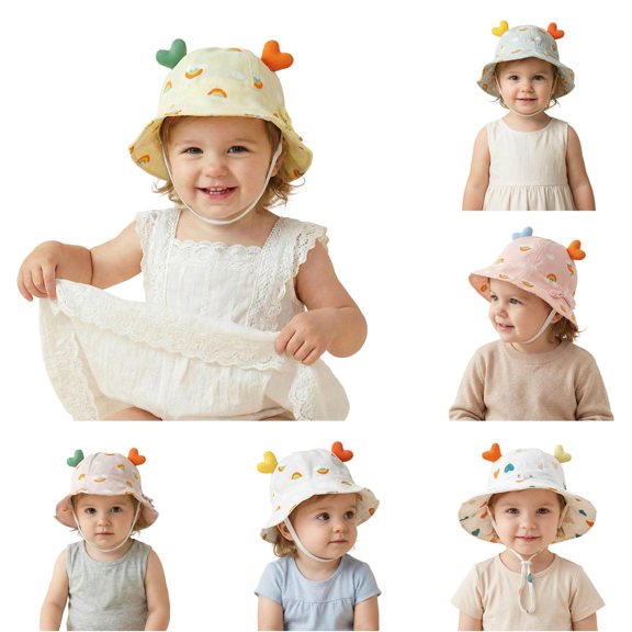 Oiyii Infant Girls Cute Sun Hats Heart‑Ornament Rainbow‑Printed Bucket Hats, Light Yellow