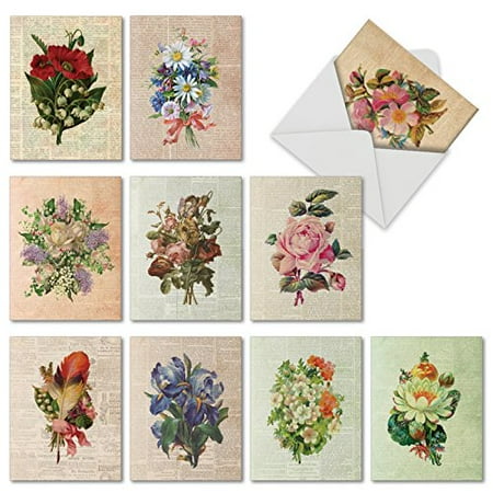 Flower Note Card - 'M6454OCB FLOWER PRESS' 10 Assorted All Occasions Note Cards Featuring Colorful Floral Bouquets Silhouetted Against Vintage Newsprint with Envelopes by The Best Card Company