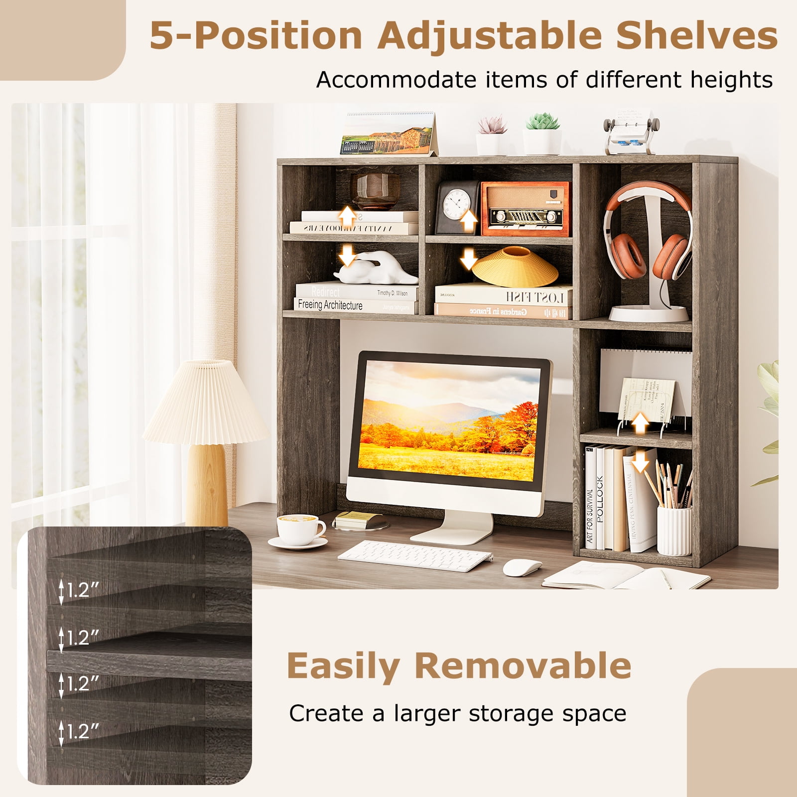 Patiojoy Desktop Bookshelf 37" Countertop Storage Hutch with 7 Cubes & 3 Adjustable Shelves 3-Tier Desk Display Rack Organizer Desktop Hutch Oak