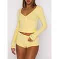 thumbnail image 4 of xiaxaixu Women's Summer Ribbed Loungewear Set, Solid Color Long Sleeve V-Neck Button Front Cropped Tops + Shorts 2 Pieces Sleepwear, 4 of 7