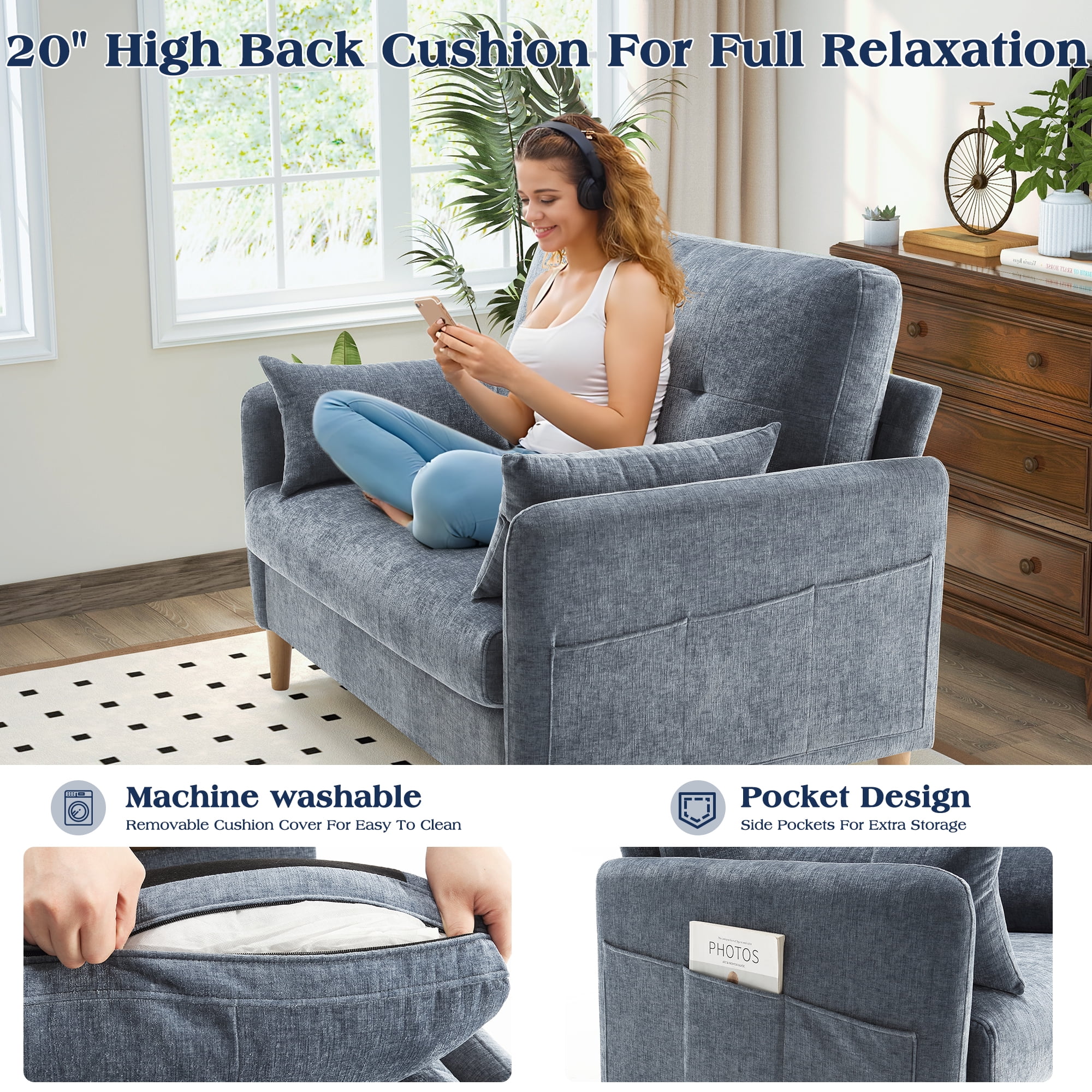BedLuxury 47'' Wide LoveSeat, 2-seat Chenille sofa with 2 Pillows for Living Room and Small Spaces, Blue