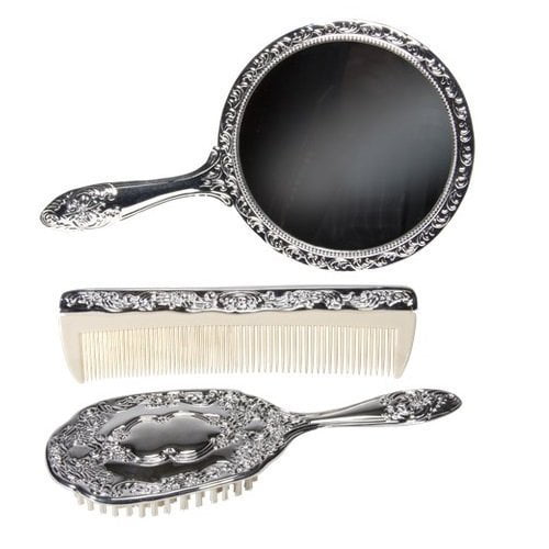3 Pc Silver Chrome Girls Vanity Set, Vintage Vanity Brush And Mirror Set