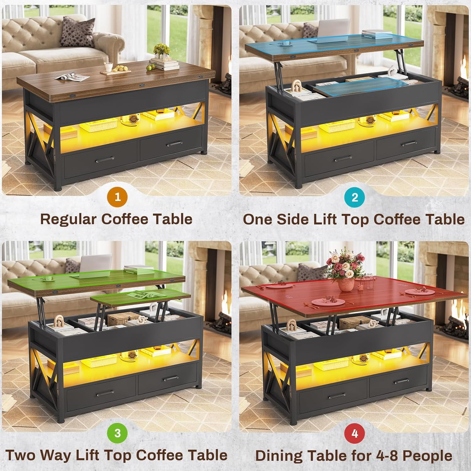 40" Lift Top Coffee Table, 4 in 1 Multifunctional Coffee Tables with Storage for Living Room, Small Coffee Table with 2 Drawers & LED Light for Dining Room, Black & Brown