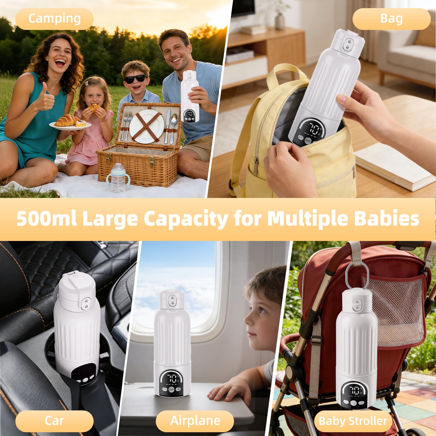 Portable Baby Bottle Warmer for Travel, 120W Fast Heating Breast Milk Warmer with 12000mAh Battery, 500ml, 2 Modes & Temp Control, On-the-Go Warmer with Cleaning Brush (White) for Newborns & Infants