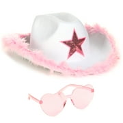 Funcredible White Cowgirl Hat with Heart Glasses - White Cowboy Hat with Pink Sequin Star - Halloween Cow Girl Costume Accessories - Fun Rodeo Party Hats and Goggles for Kids, Girls and Women…