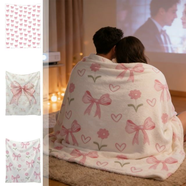 Digital Printed Flannel Blanket with Bowknot Design, for Workspace Naps and Valentines Day Decor, Soft and Comfortable, Size 30x39 Inches, 1 Pc