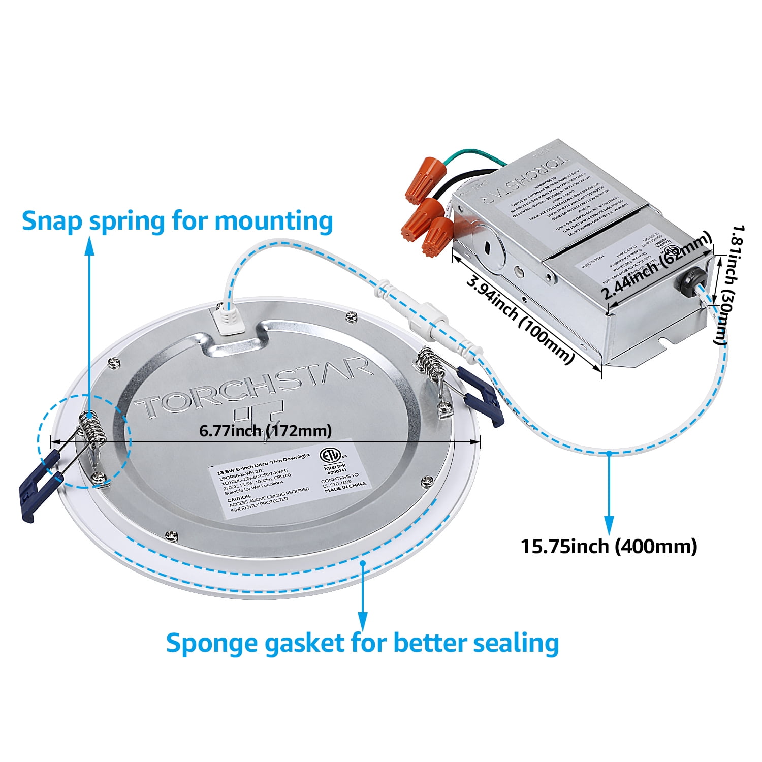 TORCHSTAR 6 Inch Slim LED Recessed Downlight with J-box, 13.5W Dimmable Ultra-Thin Canless Light, ETL & Energy Star Listed, 1000lm, 2700K Soft White, 5-Year Warranty, White