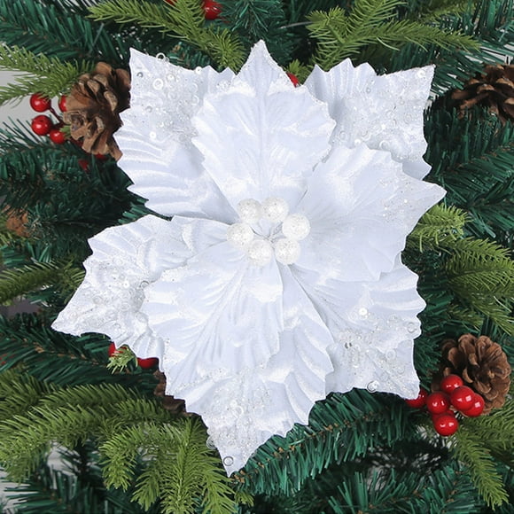 Flores artificiales de seda con tallos para decorar coronas de árbol | Adornos de flor de Pascua con purpurina para fiestas navideñas | Decoración festiva de Año Nuevo