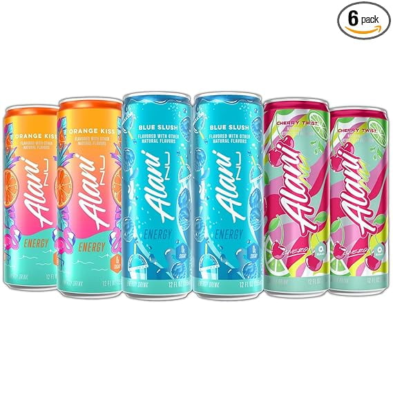 New Alani Energy Drinks Blue Slush, Orange Kiss, Cherry Twist New Flavors Variety Pack Sugar-Free, Low-Calorie, 200mg Caffeine, Energy Boost Drinks 12 fl oz (Pack of 6)
