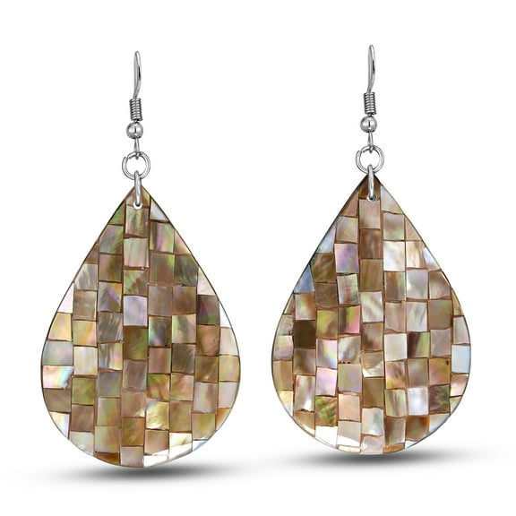 AeraVida Mosaic of Brown Lip Shells Handcrafted Teardrop Fishhook Dangle Earrings