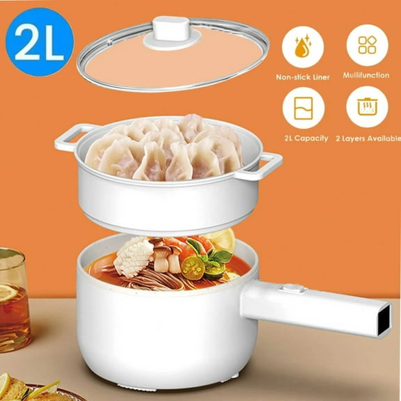 Electric Hot Pot with Steamer, 2L Ceramic Glaze Non-stick Mini Electric Pot, Portable Electric Hot Pot for for Steak, Egg, Fried Rice, Ramen, Oatmeal, Soup with Dual Power Control,White