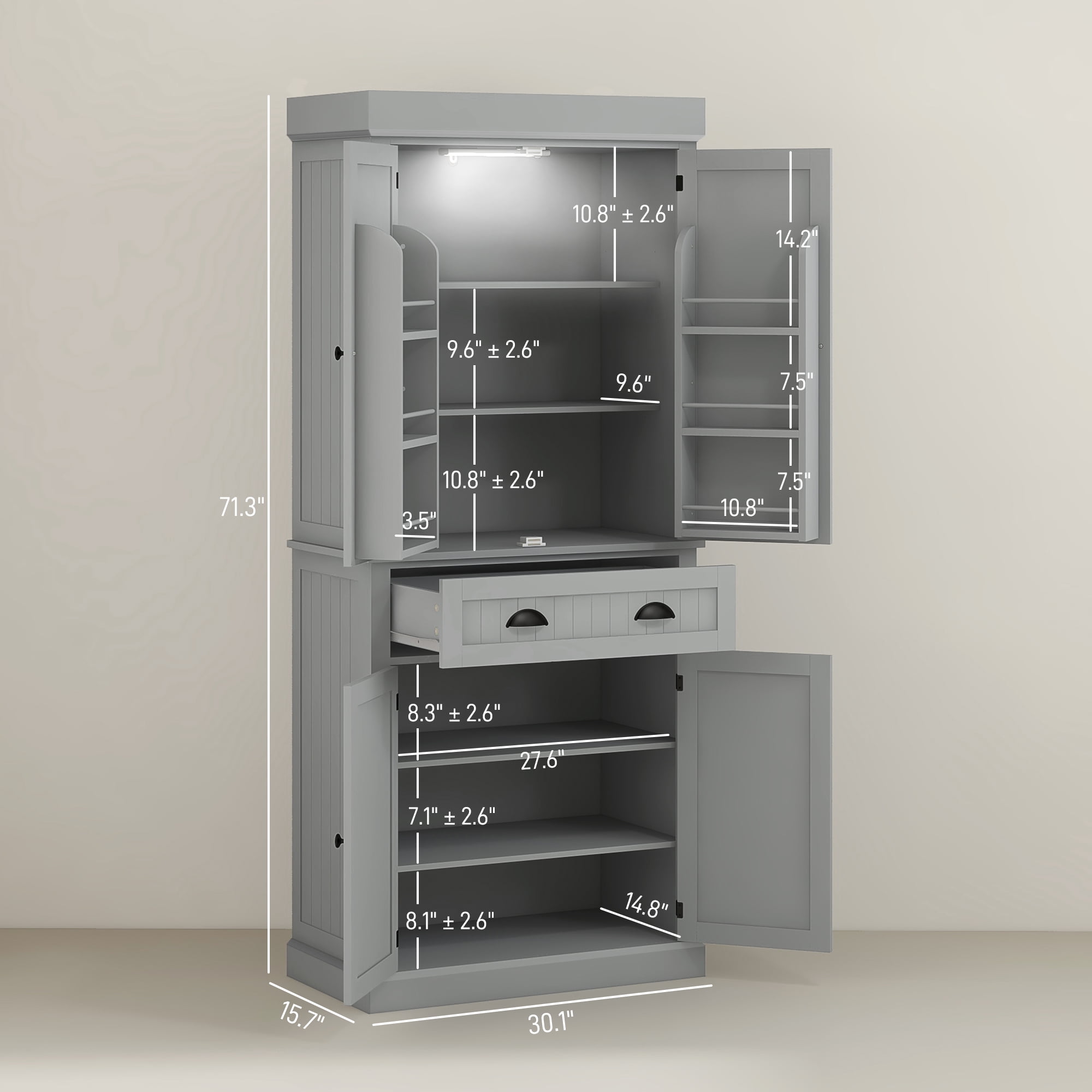 HOMCOM 71" LED Kitchen Pantry Cabinet, Tall Storage Cabinet with 6 Door Shelves, a Drawer and 4 Adjustable Shelves, Gray