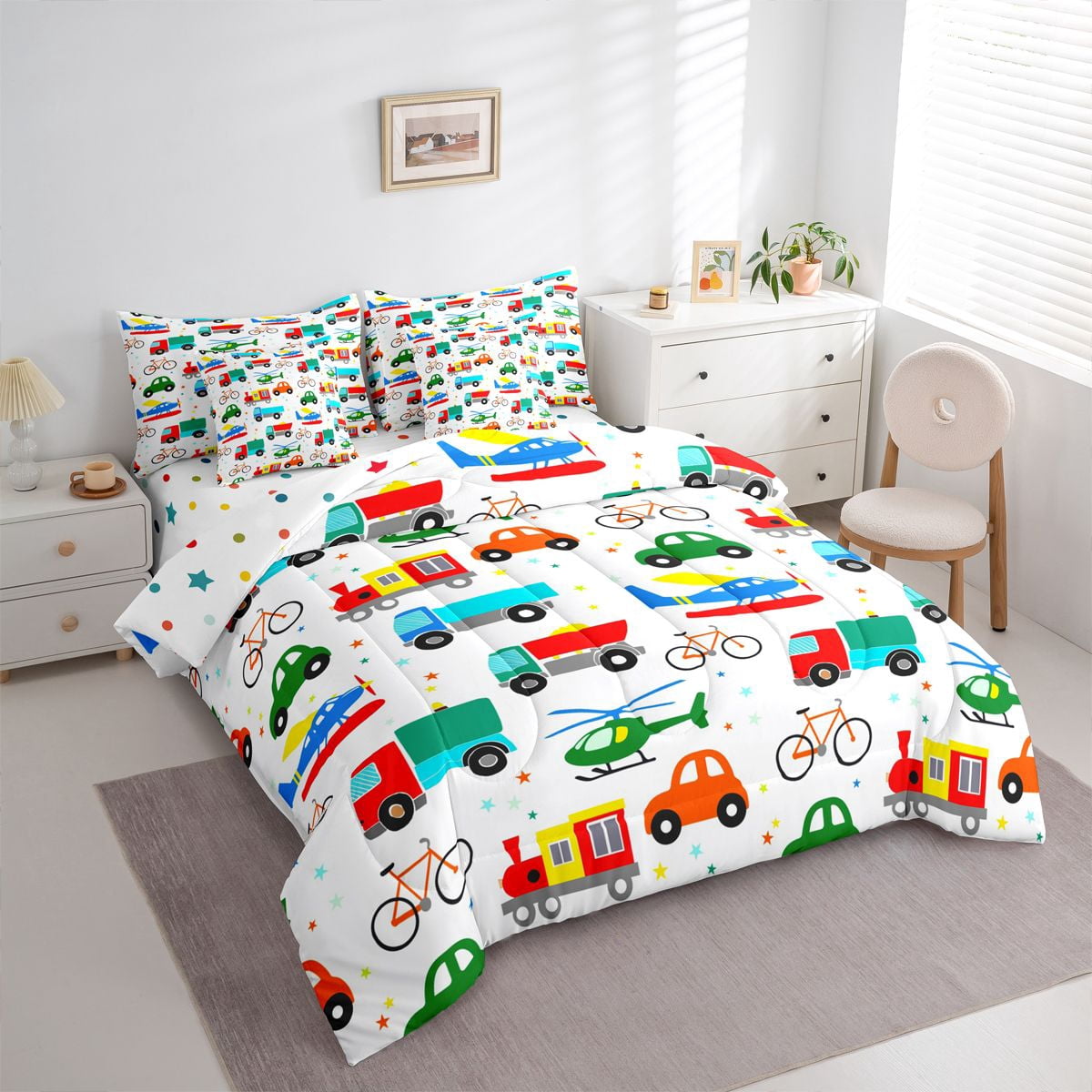 Manfei Colorful Cartoon Cars 7pcs Bedding Comforter Set,Modern Aircraft Aitplane Queen Bedding Sets,Cute Multicolor Stars Queen Sheet Sets For Boys Girls,Super Cozy Room Decor Reversible