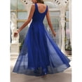 thumbnail image 2 of Royal Blue Sleeveless V-Neck Floor-Length Maxi Dress With Faux Pearl Embellishment And Sheer Tulle Overlay, 2 of 5