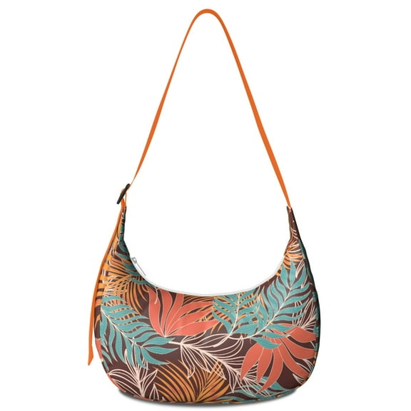 Tropical Plant Hawaiian Floral Crossbody Bag for Women Palm Leaf Corduroy Shoulder Purse with Adjustable Strap Jungle Leaves Crescent Sling Bag
