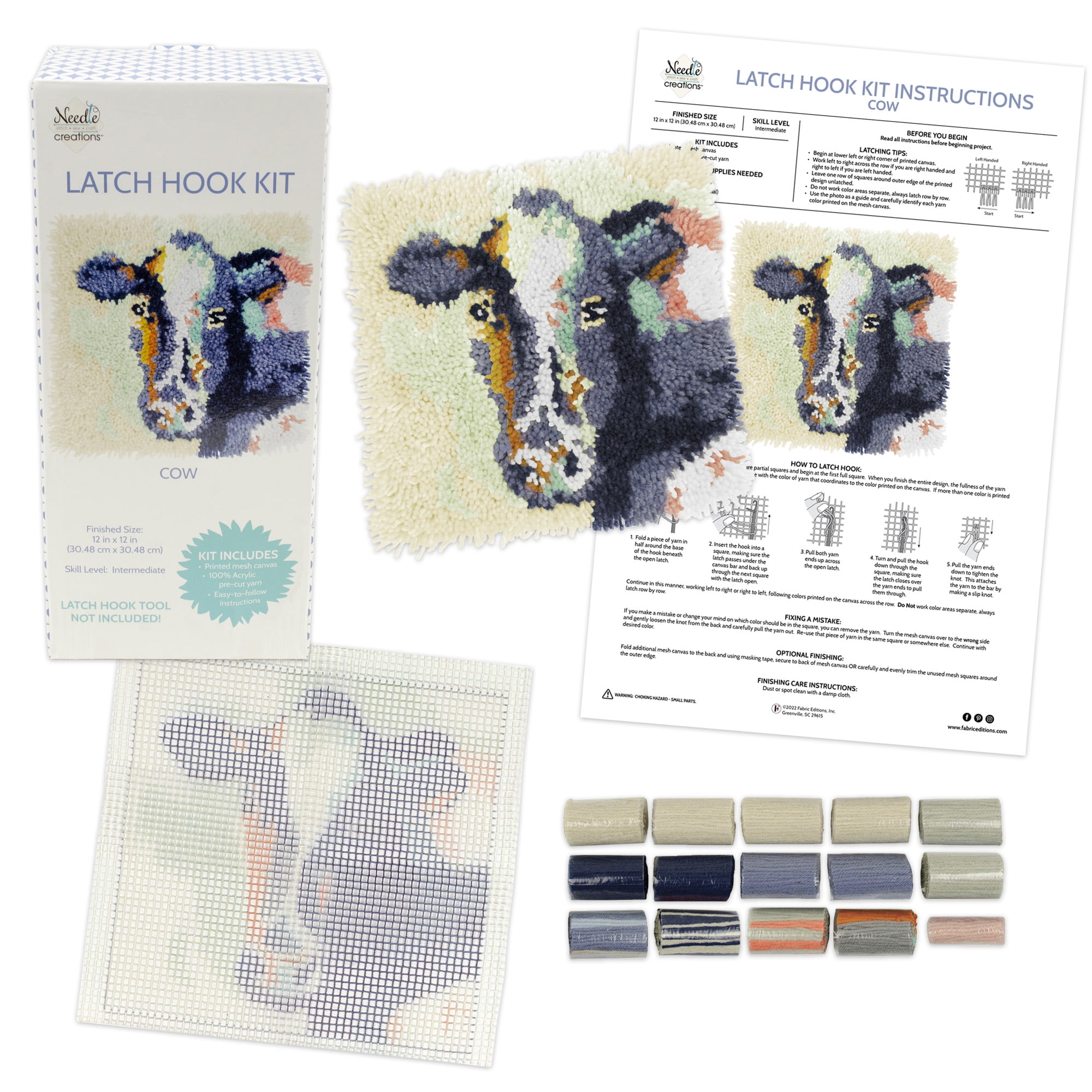 Needle Creations Latch Hook Kit 12"x12" Cow, 1 Piece