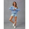 thumbnail image 3 of Womens Varsity V Neck Long Sleeve Tennis Sweater Casual Crochet Hollow Out Knit Tops Pullover Shirts Light Blue M, 3 of 5