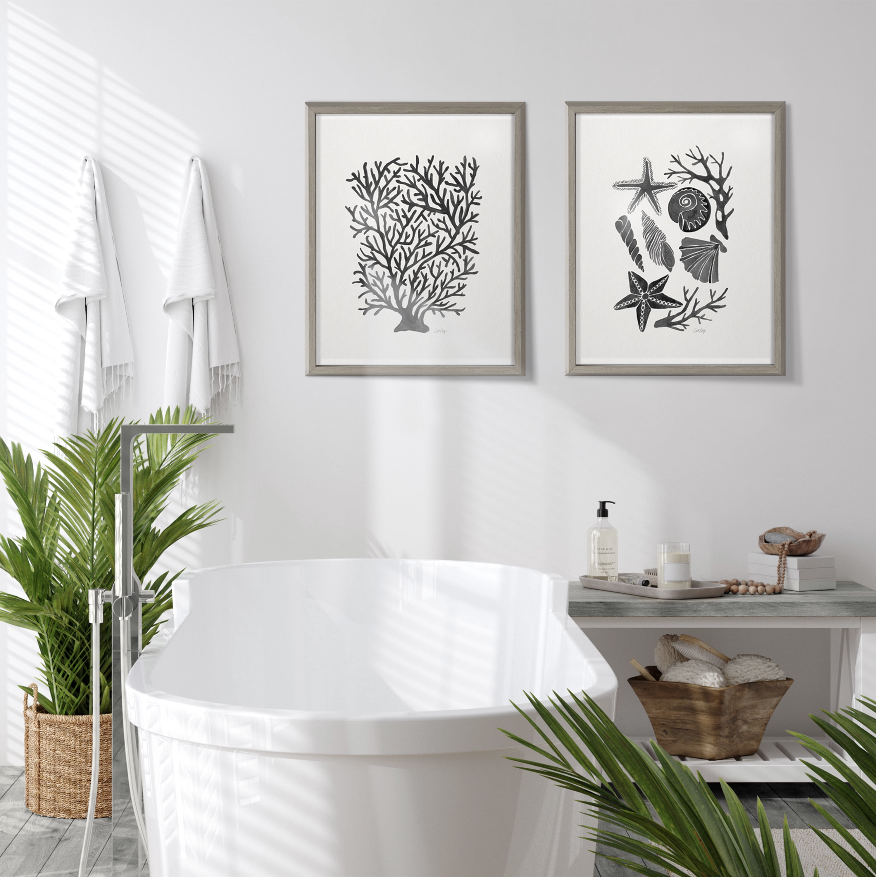 Kate and Laurel Blake Seashells Black Framed Printed Glass Wall Art by Cat Coquillette, 16x20 Gray, Decorative Coastal Art for Wall