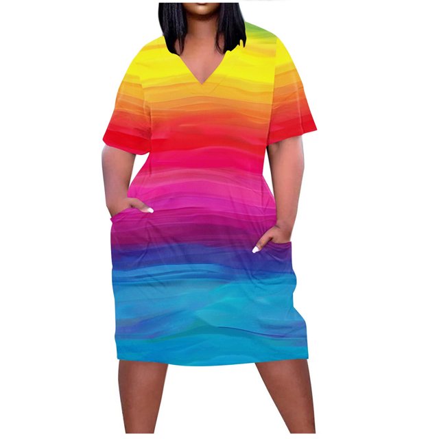 Pisexur Robes d'Été pour Femmes Mode Multicolore à Imprimé Floral Robe Soleil Décontractée Ample à Col en V à Manches Courtes Robes T-Shirt Fluides Surdimensionnées Robe Soleil avec Poches Grande Taille Robe Midi G-5TG