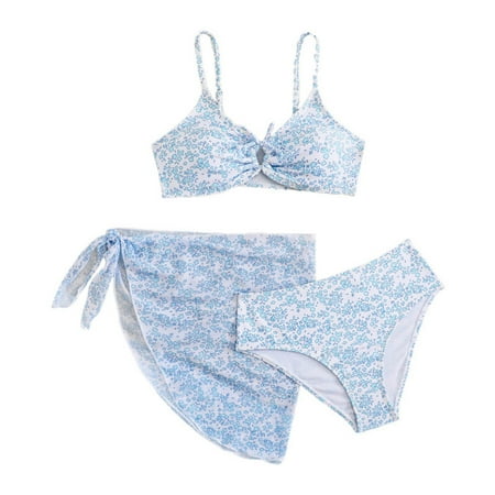 WOYY Big Girls Floral Bikini Swimsuit Hawaii Swimwear Bathing Suit with Cover Up Skirt 3-Piece