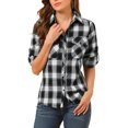thumbnail image 6 of Allegra K Women's Check Print Roll up Sleeves Flap Pockets Brushed Shirt, 6 of 7